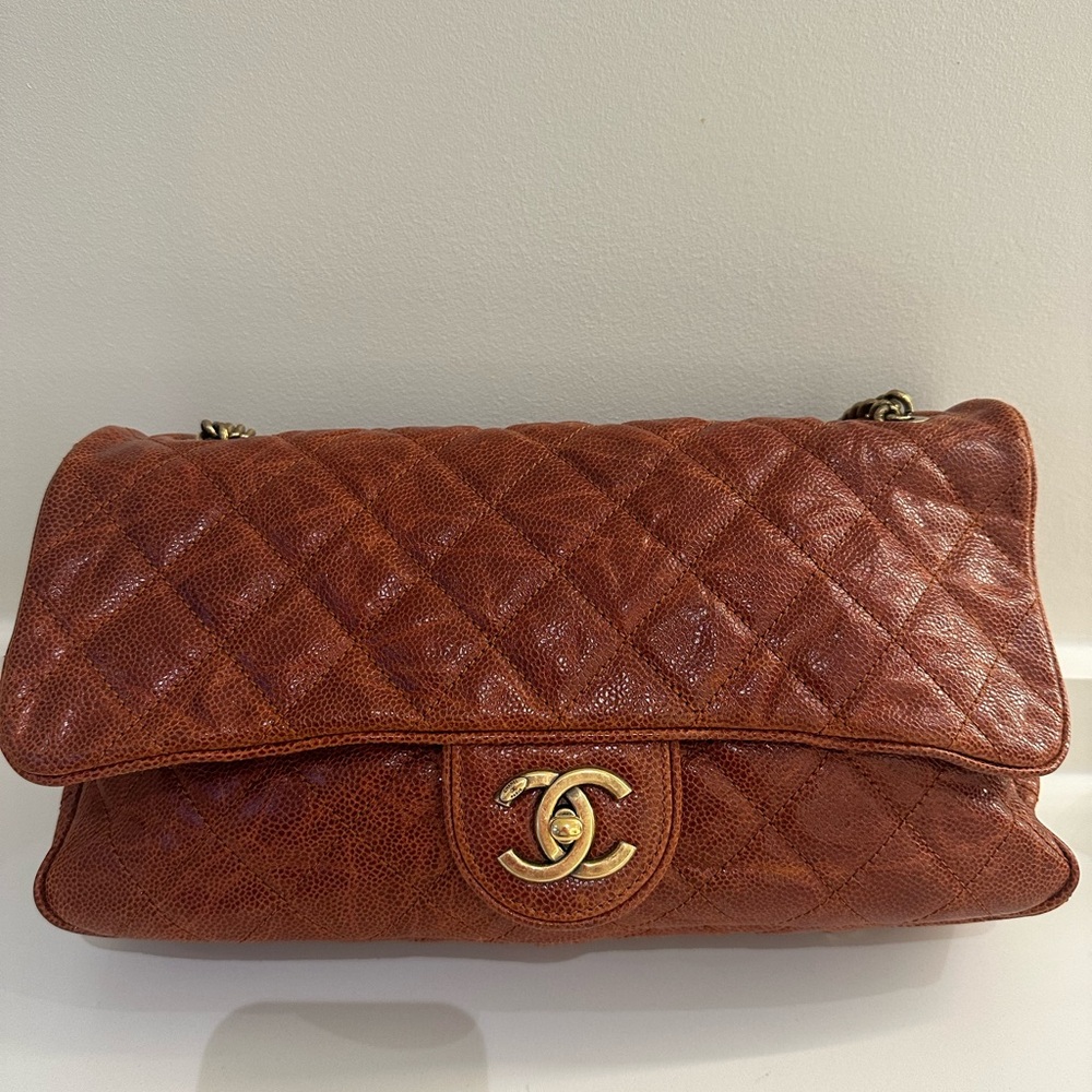 CHANEL Shiva Burnt Orange  Shoulder Bag with Quilted Design and Gold-Toned Logo